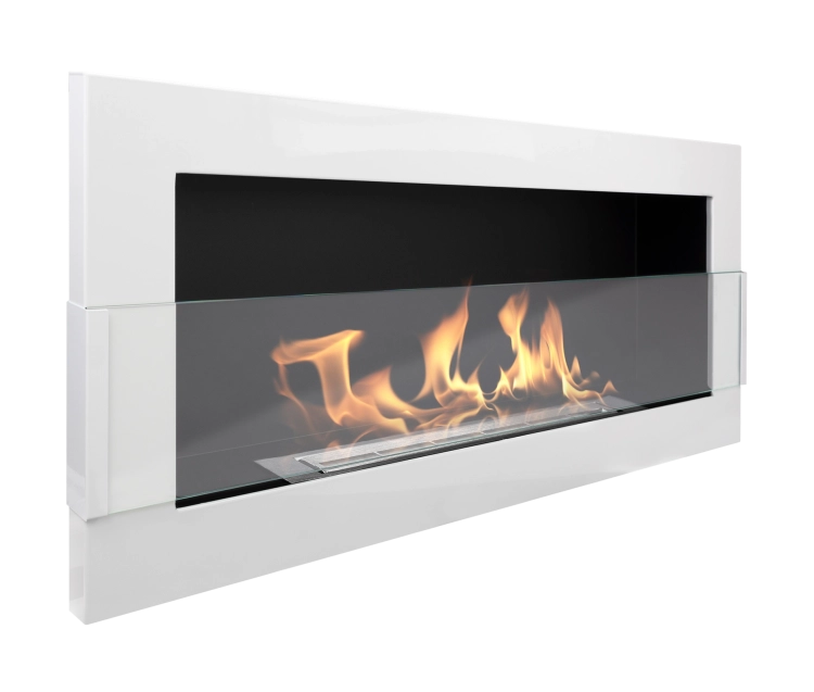 900 Wall-Mounted Bioethanol Fireplace with Glass – White Gloss