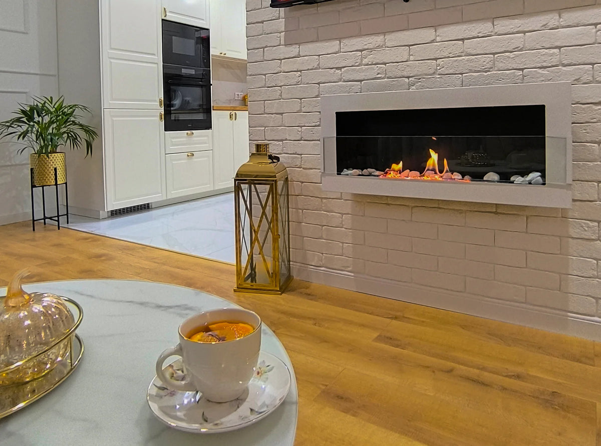 Bioethanol Fireplace hanging with glass 900x400 white gloss