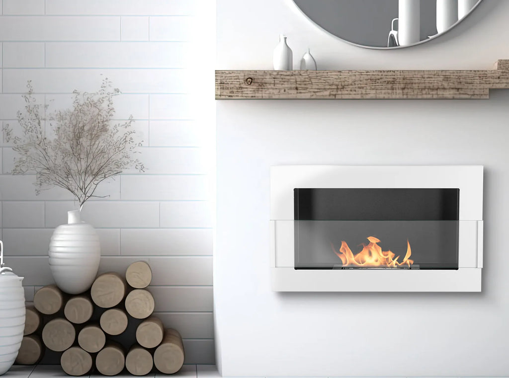 Bioethanol Fireplace hanging with glass 650x400 white gloss