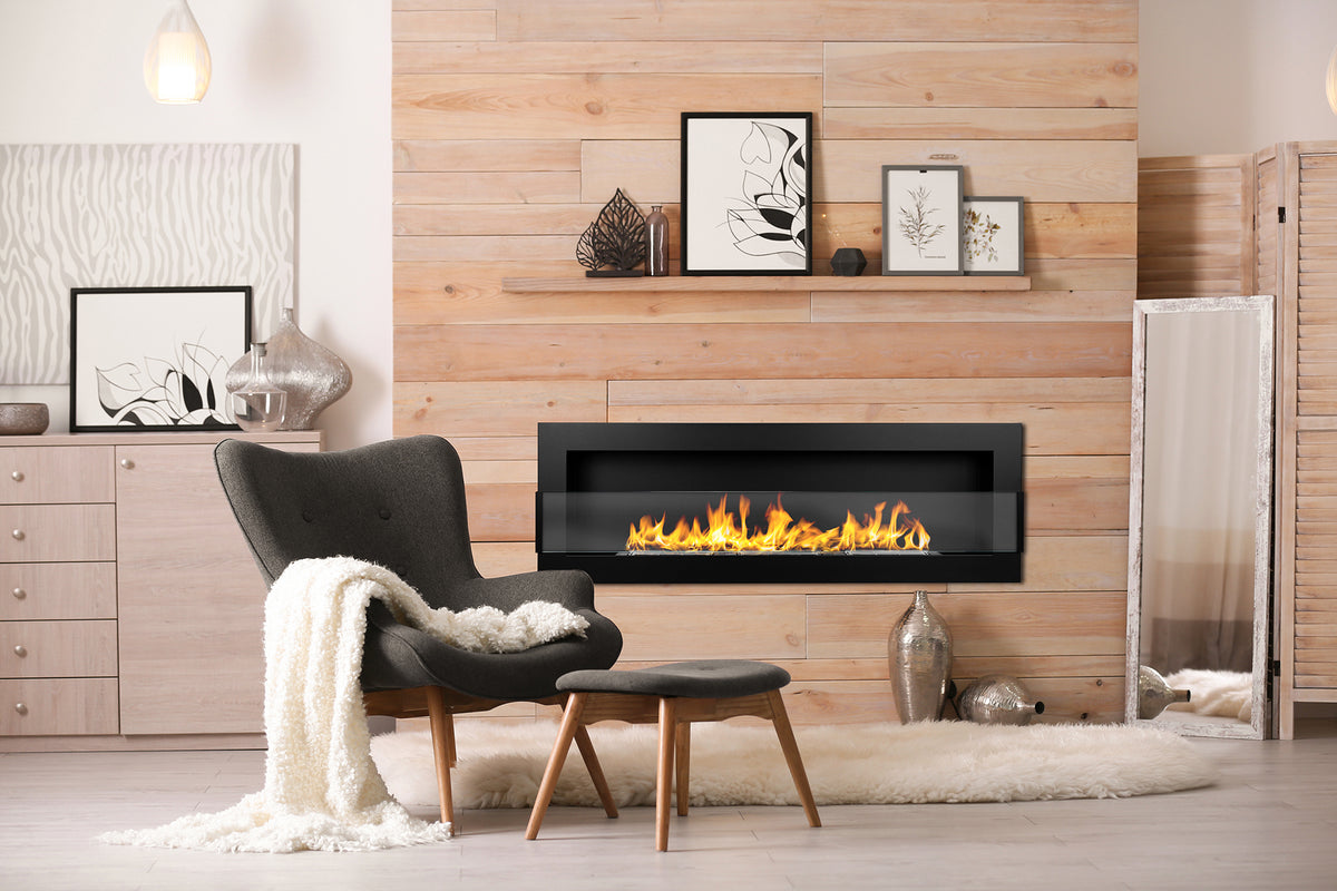 1200 Wall-Mounted Bioethanol Fireplace with Glass – Black