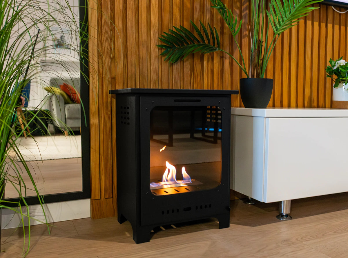 Bioethanol Fireplace freestanding Koza Mini black matte with glass