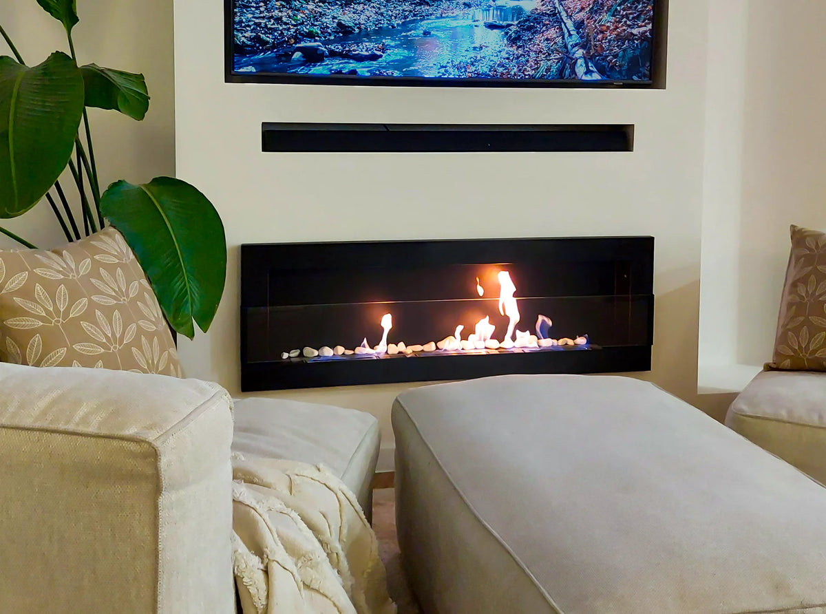 Bioethanol Fireplace hanging with glass 1200x400 black structural matte