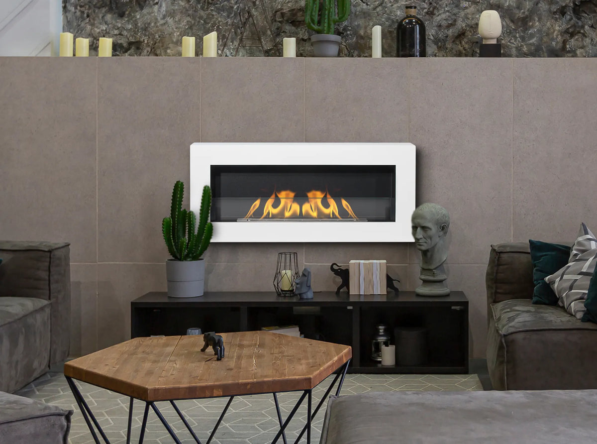 Bioethanol Fireplace hanging with glass 900x400 Box white structural matte