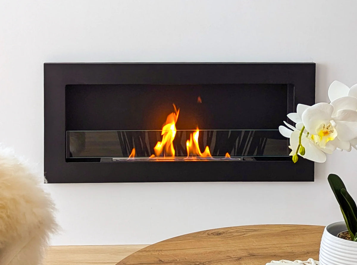 Bioethanol Fireplace hanging with glass 900x400 Slim black structural matte