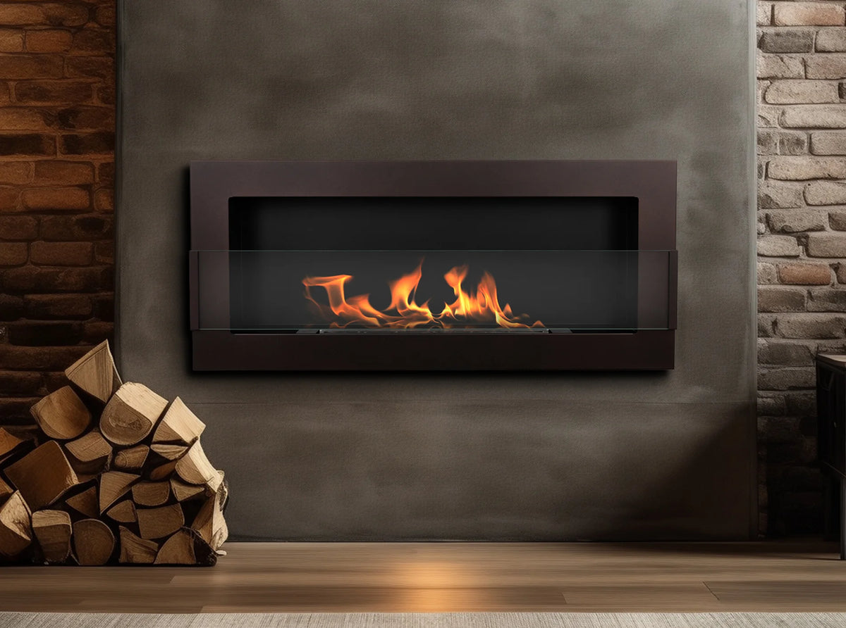 Bioethanol Fireplace hanging with glass 900x400 brown