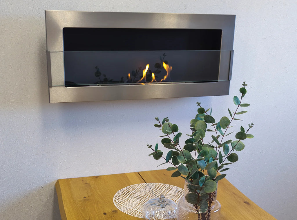Bioethanol Fireplace hanging with glass 900x400 inox-silver