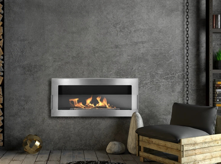 900 Wall-Mounted Bioethanol Fireplace with Glass – Inox Silver