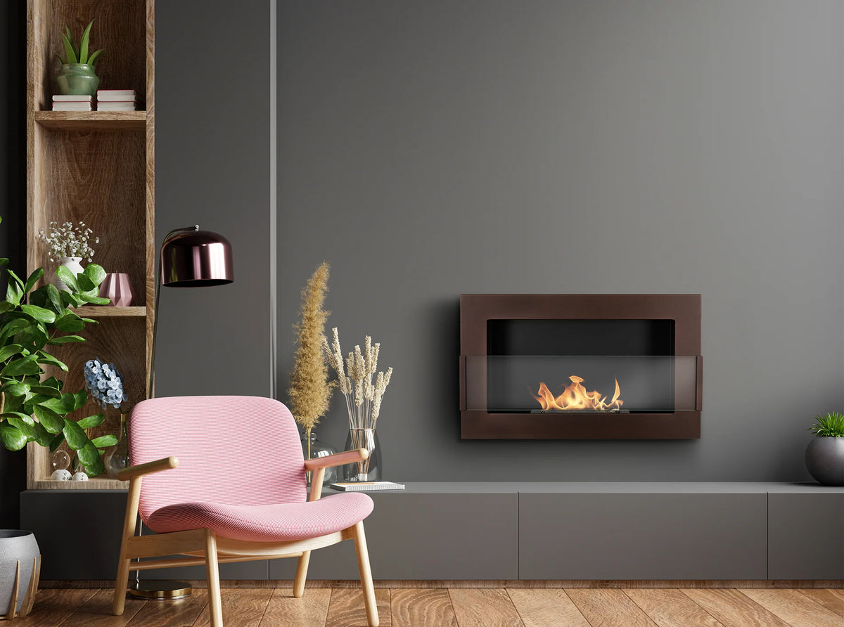 Bioethanol Fireplace hanging with glass 650x400 brown