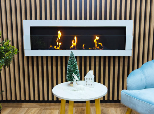 Bioethanol Fireplace hanging with glass 1200x400 white gloss