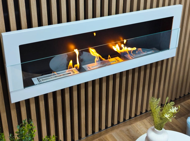 1200 Wall-Mounted Bioethanol Fireplace with Glass – White Gloss