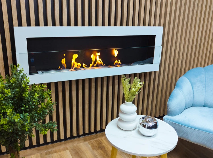 1200 Wall-Mounted Bioethanol Fireplace with Glass – White Gloss