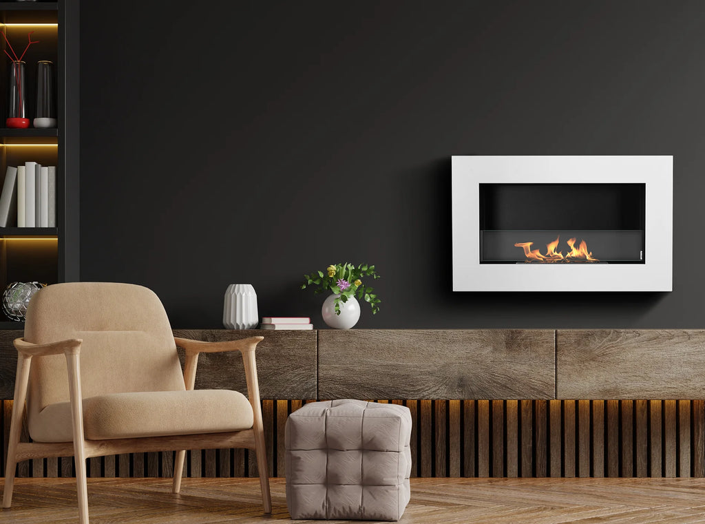 Bioethanol Fireplace hanging with glass 650x400 BOX white structural matte